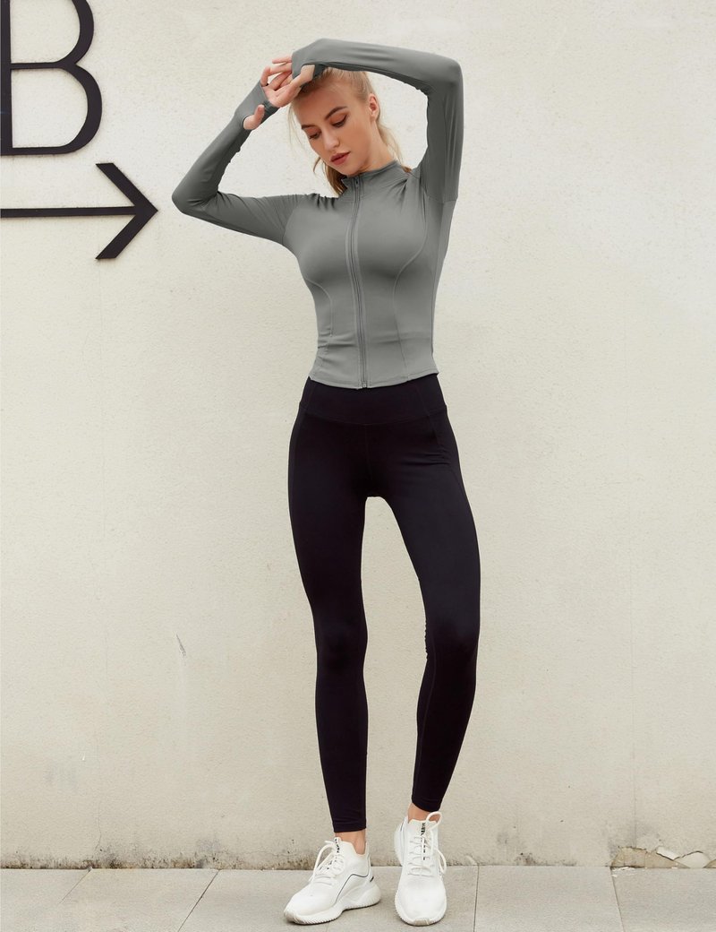 Lviefent Womens Lightweight Full Zip Running Track BBL Jacket Workout Slim Fit Yoga Sportwear with Thumb Holes (Grey, X-Small)