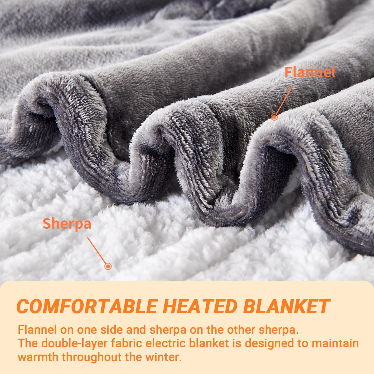 Electric Blanket Heated Throw, Soft Flannel Heating Blanket with 8 Hours Auto Off 10 Fast Heating Levels Machine Washable Sherpa Heated Blanket with Overheating Protection