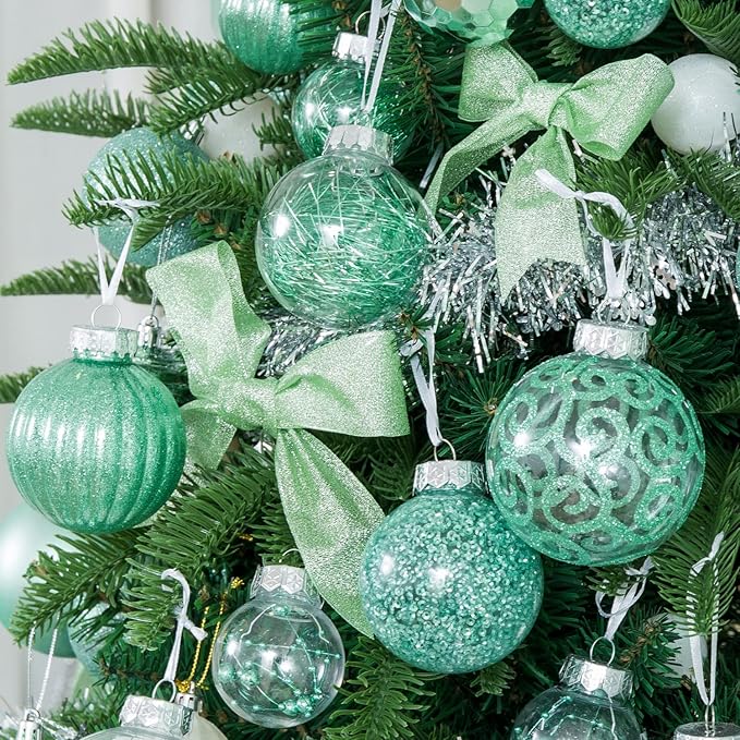 XmasExp 32ct Christmas Ball Ornaments Set -Mint Green Clear Plastic Shatterproof Xmas Tree Ball Decorations Hanging Baubles for Holiday Decor