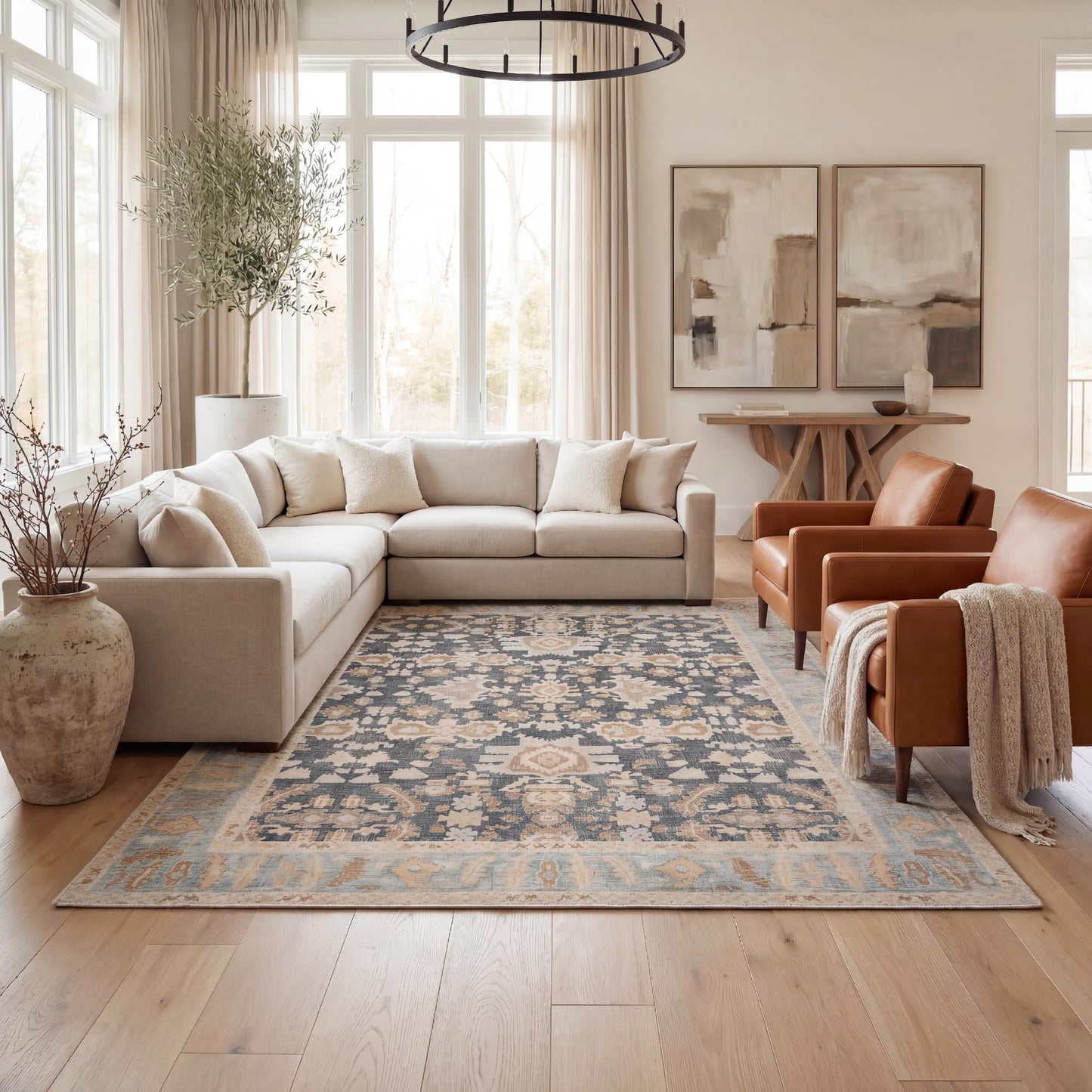 Kuden 8x10 Large Area Rug, Machine Washable Area Rug with Non-Slip Backing, Vintage Style, Soft, Easy Clean, Low Pile Rug for Living Room, Bedroom, Dining Room