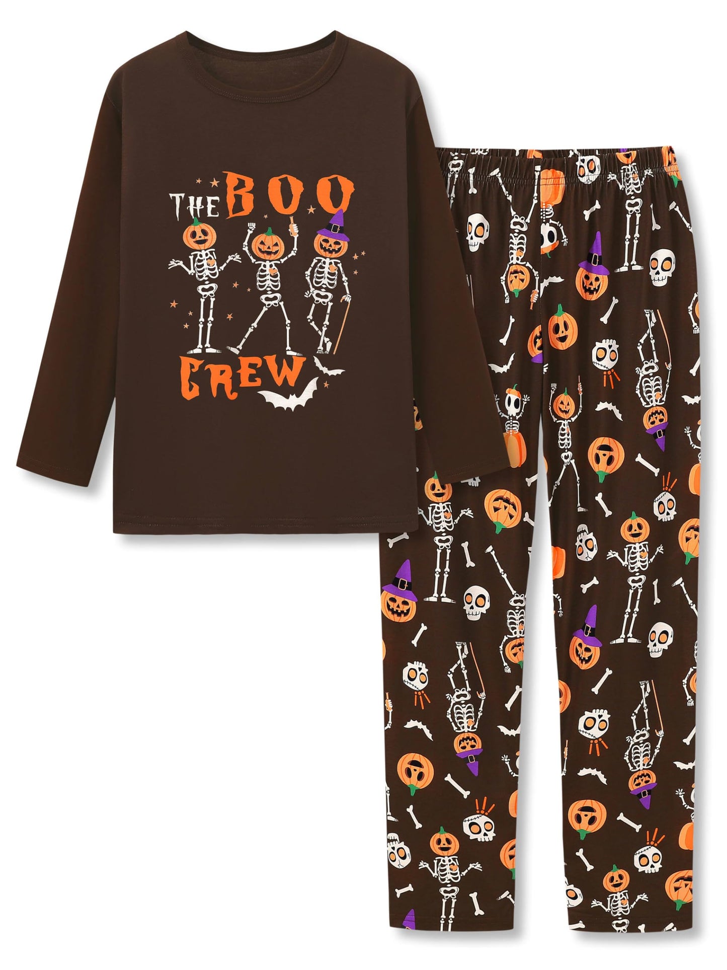Tebbis 2 - Piece Cozy Pajamas For Little/Big Boys Skeleton & Pumpkin Pattern Long Sleeves PJs Set Kid Size 8