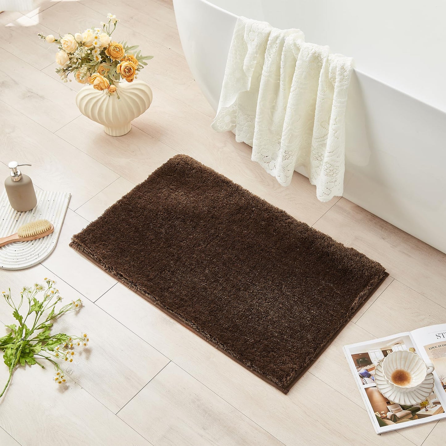 CozeCube Upgraded Shaggy Bath mat for Bathroom Non Slip 15.7" X 23.6", Super Soft Quick Dry Bath Rugs, Fluffy Plush Bathroom Rugs Machine Washable, Dark Brown