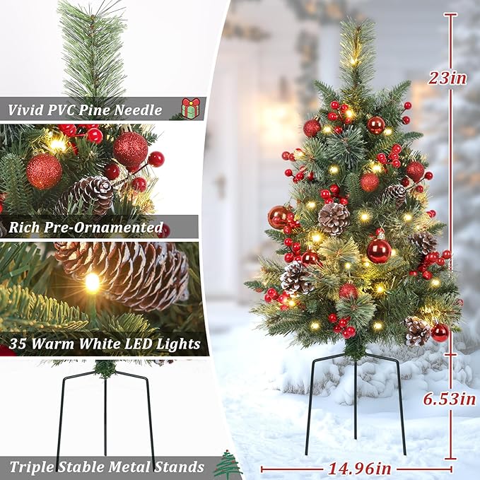 Set of 2 Outdoor Pathway Christmas Trees with Lights, 30in Prelit Battery Operated Artificial Xmas Tree Holiday Décor for Porch, Urn & Planter Filler, Red Berries, Pine Cones, Ball Ornaments