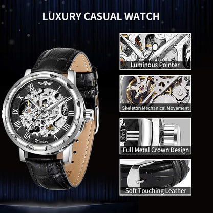 GLEIM Men's Watch, Mechanical Skeleton Steampunk Design Automatic Self-Winding Roman Numeral Silver Case PU Leather Wrist Watch