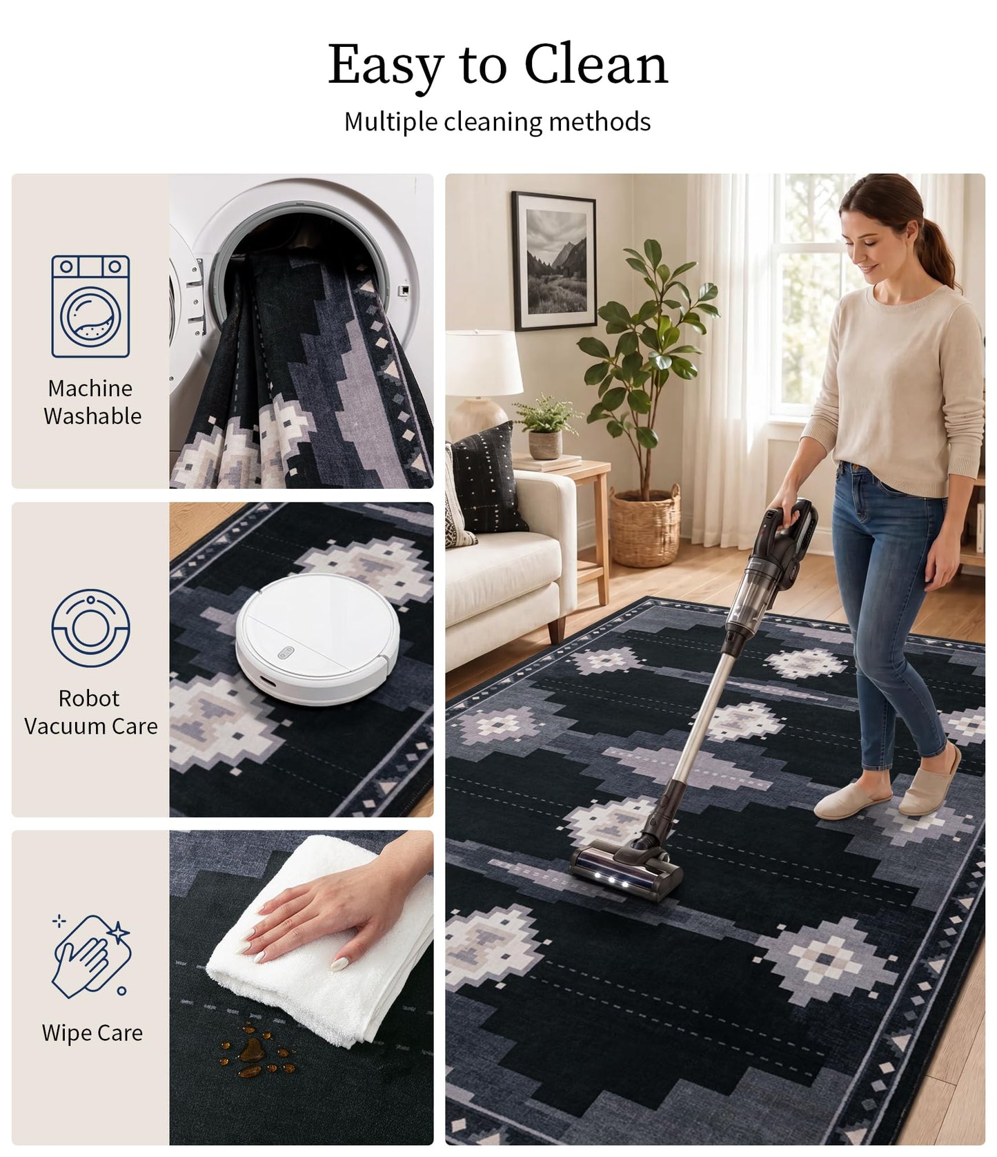 5'x7' Washable Area Rug for Living Room, Black and Grey Western Aztec Rug