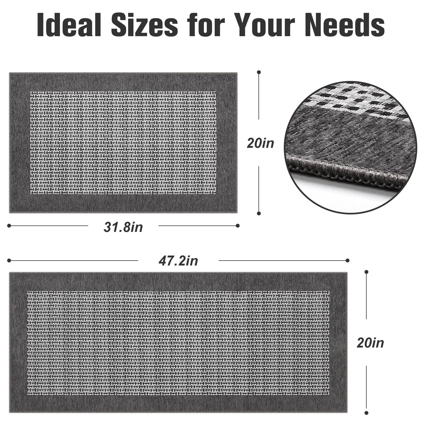 StepRite Kitchen Mats for Floor, Non-Slip Kitchen Rugs Set of 2 PCS, Super Absorbent Washable Kitchen Mats with Rubber Backing, Runner Mats for Front of Sink (20"x32"+20"x47" Grey)