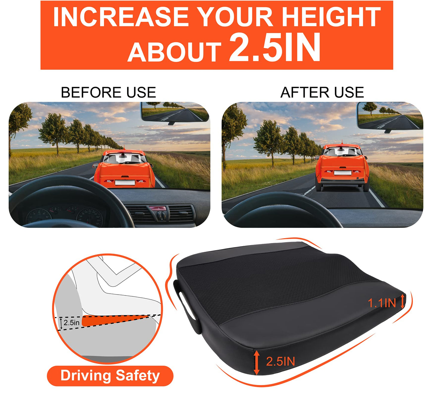 Car Seat Cushion, Comfort Memory Foam Car Cushions for Driving - Sciatica & Lower Back Pain Relief, Driver Seat Pillow for Auto, Office Chair, Wheelchair - Black