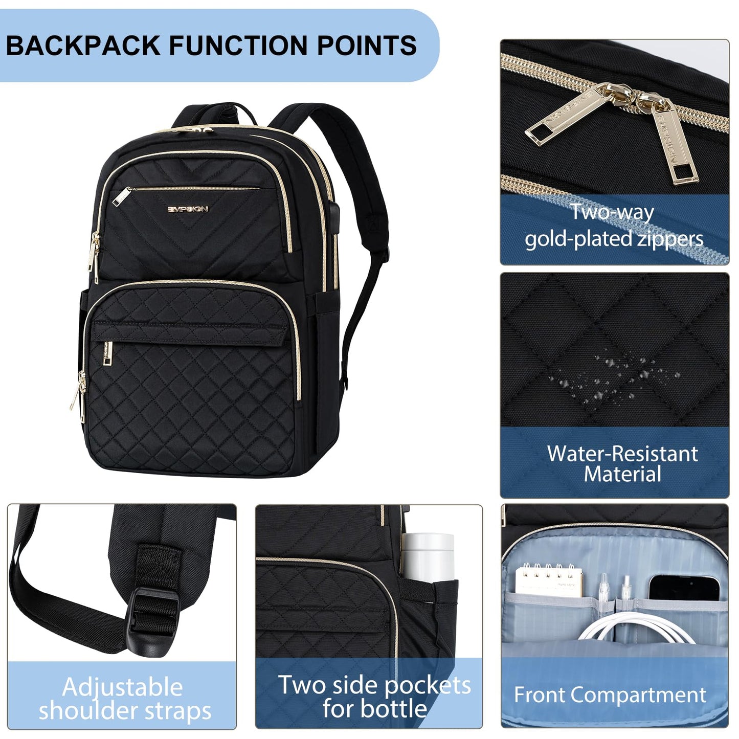 EMPSIGN Womens Backpack Laptop Backpack for Women with USB Charging Port, 15.6 Inch Travel Water Resistant Quilted Backpack, High-Capacity 30L Work Business Computer Backpack, Black