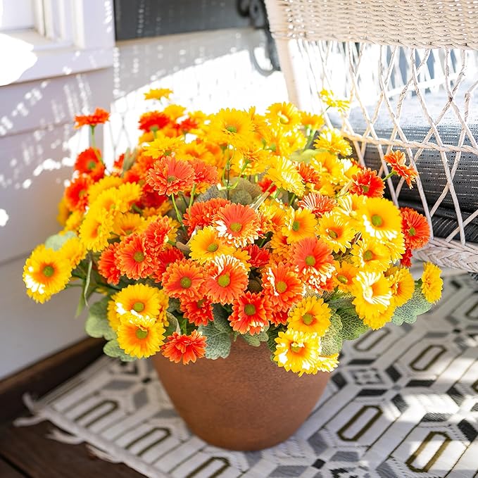 HyeFlora Dahlia Artificial Fall Flowers for Outdoors Autumn Decoration, 6 Bundles Fake Mums Faux Flowers Plants Realistic UV Resistant Silk Flowers for Outside Planter Yard Garden Home, Orange Yellow