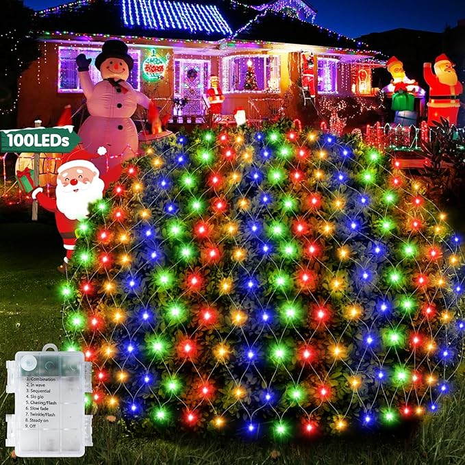 Hezbjiti Battery Operated Christmas Lights Outdoor 100 LED 5FT x 3.3FT Waterproof Timed Memory Net Mesh Lights for Xmas Trees Bushes Garden Yard Lawn Patio Christmas Decor (1Pack Multicolor)