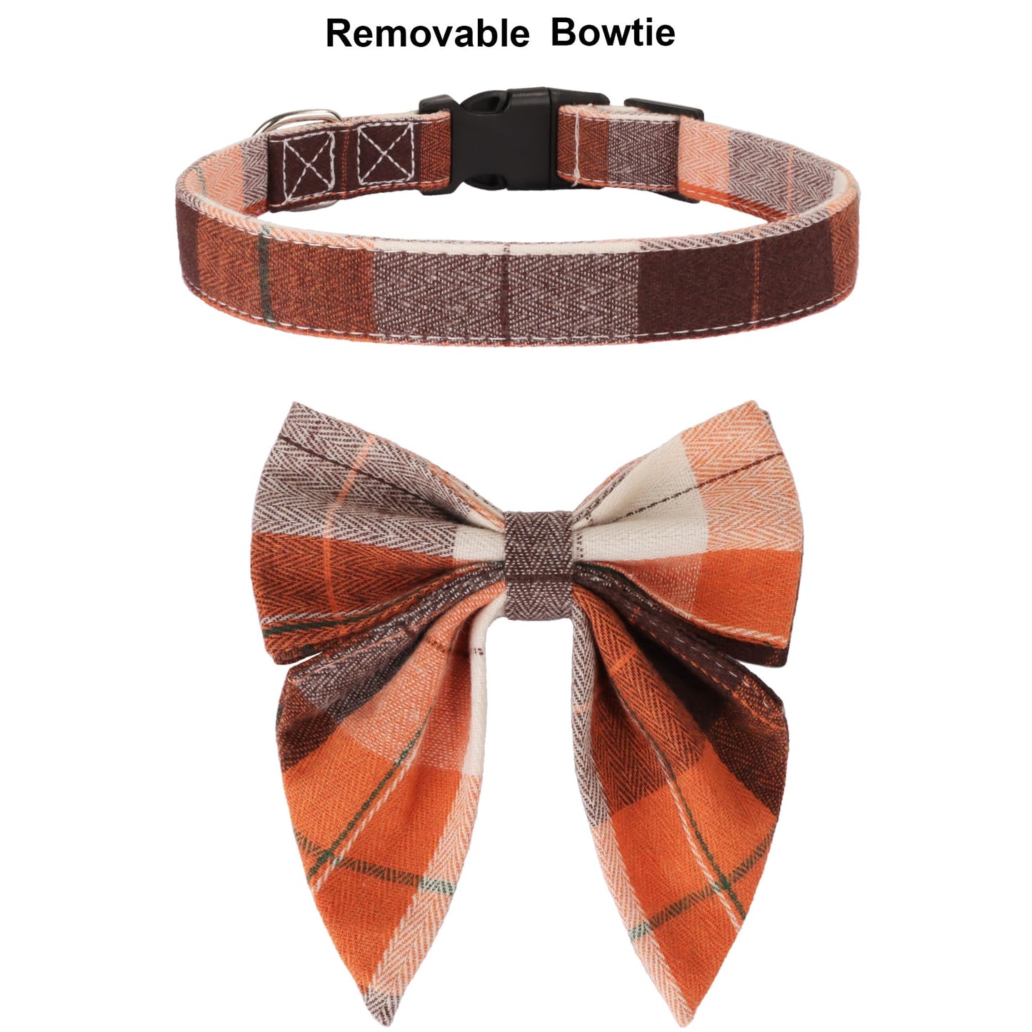 ADOGGYGO Fall Plaid Dog Collar with Bow, Adjustable Orange Plaid Thanksgiving Halloween Fall Collars for Small Medium Large Dogs Pets (Medium)