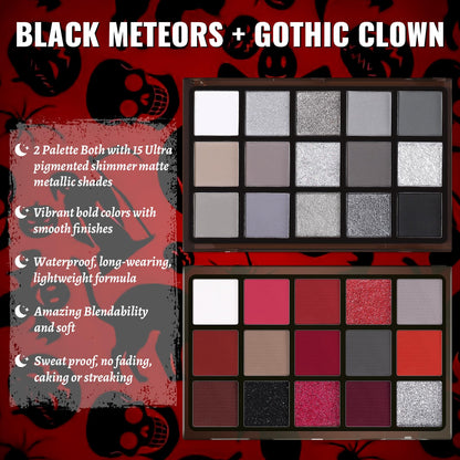 UCANBE 2pcs Halloween Eyeshadow Palette Makeup Set, Black Red Colors Shimmer Matte Metallic Smokey Dark Eye Shadow Pallet with Soft Brush Kit, Goth Eye Make Up for Costume Joker Clown Vampire