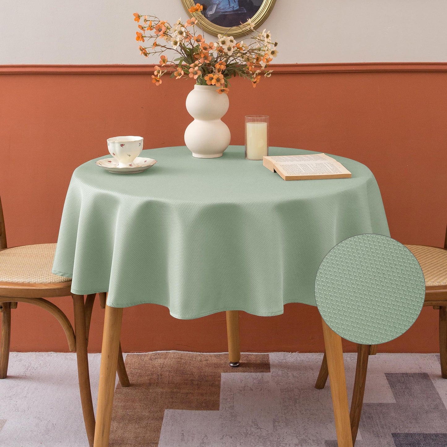 Fitable Sage Green Round Table Cloth, 2 Pack - 60 inch in Diameter - Waterproof Wrinkle Resistant Textured Fabric Tablecloth, Jacquard Decorative Table Cover for Dinner, Party, Banquet, Event