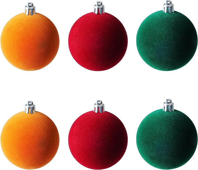Amooca 3.15in Large Christmas Balls Ornaments Flocking Xmas Tree Hanging Decoration New Year Holiday Party Baubles 6pc Set Red Orange Green