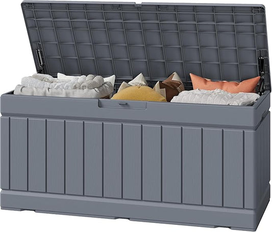 Greesum 82 Gallon Resin Deck Box Large Outdoor Storage for Patio Furniture, Garden Tools, Pool Supplies, Weatherproof and UV Resistant, Lockable, Gray