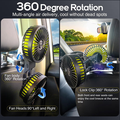 Dealswin Car Fan for Backseat kids, Dual Head USB Car Seat Fans, 360° Rotatable Strong Wind Rear Headrest CarFan for Baby, Air Circulation Fan with Adjustable Clip for Vehicles SUV RV