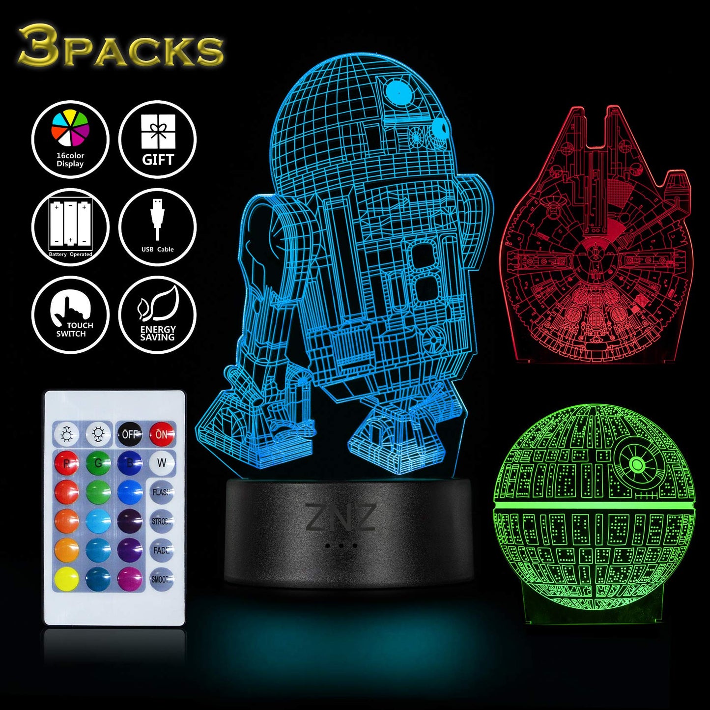 3D Star Wars Lamp, ZNZ LED Optical Illusion Night Light, 16 Colors Changing Remote Touch Mood Lamp - Perfect Christmas and Birthday Gifts for Kids Men Women and Star Wars Fans