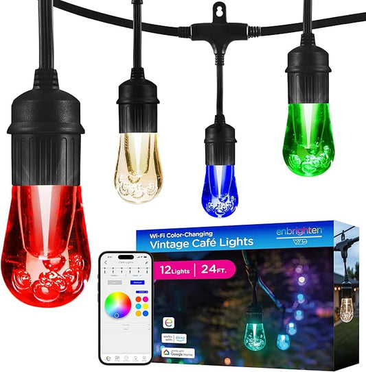 Enbrighten Vibe Vintagе Outdoor String Lights 2, 24ft, 12 RGBWIC Shatterрroof Acrylic Bulbs, Waterрroof, Patiо, Backyard, Gamеday, Holiday, Smart App, Works with Alеxa, Google Home, 86127