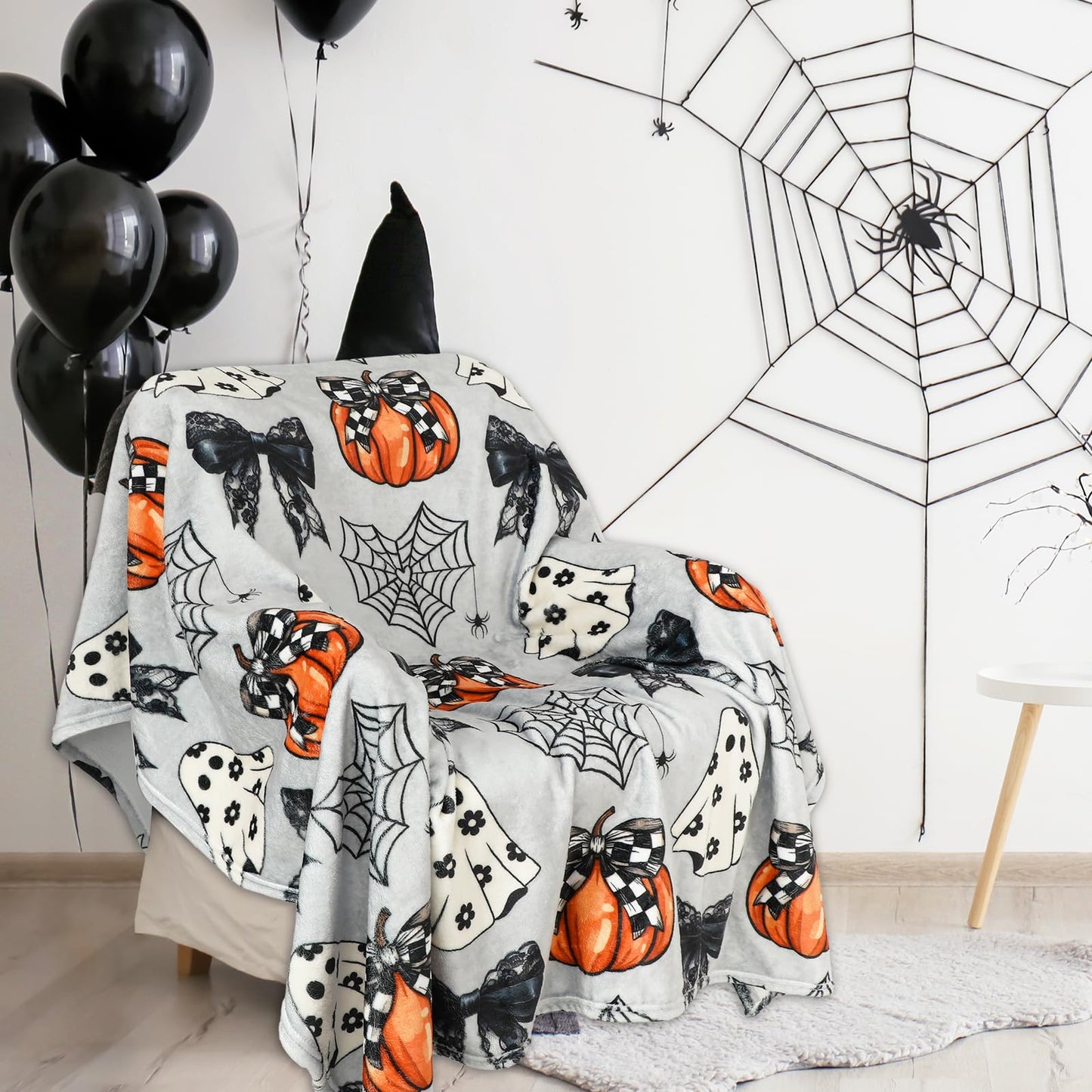 JarThenaAMCS Halloween Flannel Blanket 60 x 50 Inch Ghost Pumpkin Bow Decorative Throw Blanket Soft Gray Blanket for Home Chair Sofa Couch Bed