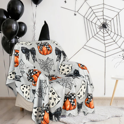 JarThenaAMCS Halloween Flannel Blanket 60 x 50 Inch Ghost Pumpkin Bow Decorative Throw Blanket Soft Gray Blanket for Home Chair Sofa Couch Bed