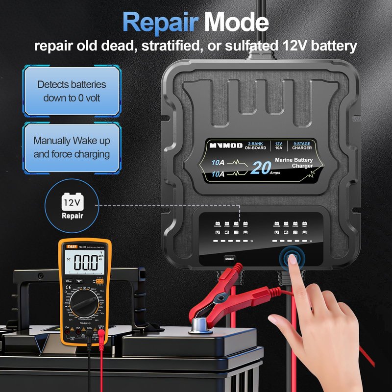 MVMOD 2 Bank Marine Battery Charger, 20A (10A/Bank) 12V IP68 Waterproof Lithium Onboard Battery Charger for SLA/AGM, Lithium(LiFePO4), Calcium Batteries