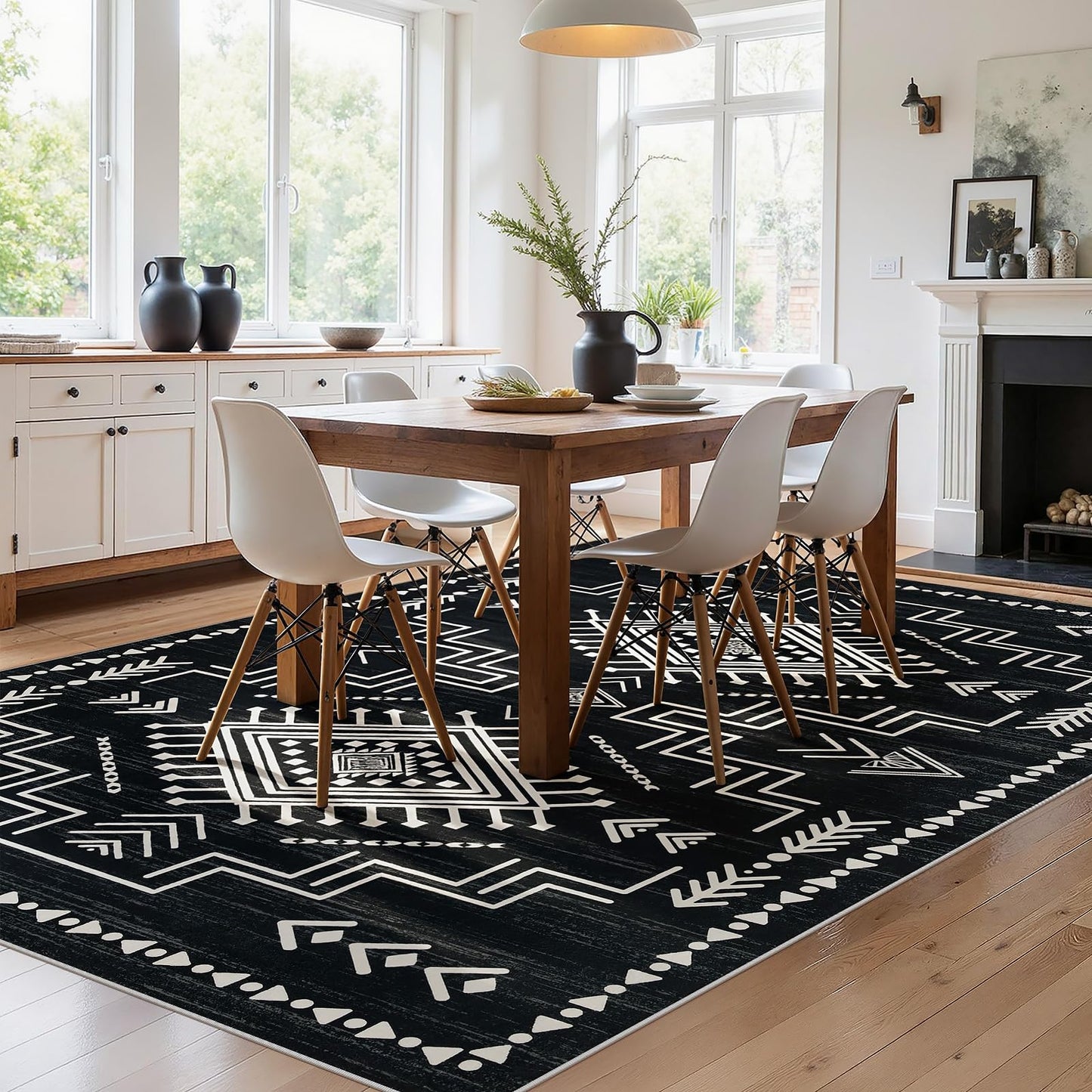 Joydeco Moroccan Black 8x10 Area Rugs for Living Room, Non-Slip Western Large Bedroom Dining Room Rug, Throw Stain Resistant Geometric Aztec Print Modern Soft Carpet for Playroom Office