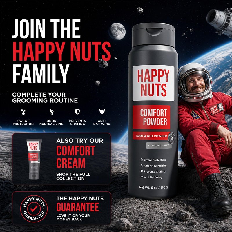 HAPPY NUTS Comfort Powder Deodorant For Men: Anti-Chafing, Sweat and Odor Control for Jock Itch, Aluminum-Free, 6 oz (1 Pack), Fragrance-Free
