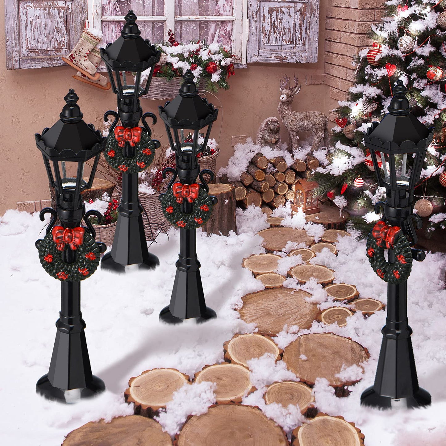 Honoson Christmas Mini Street Light Models Christmas Accessories Miniature Lamp Village Post for Dollhouse Small Street Lamp Garden, Age Over 6 Years(4 Pieces,Classic Style)