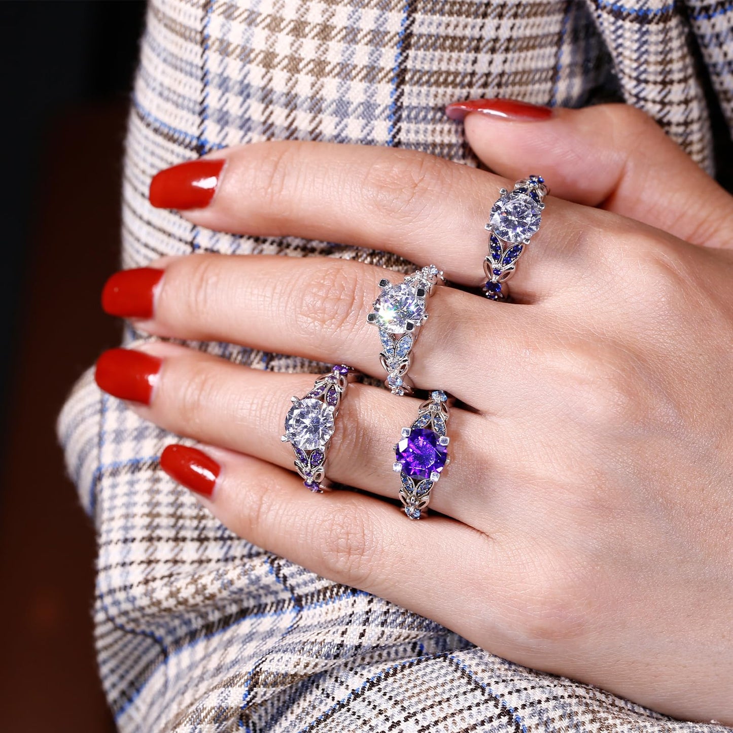 Jeulia 4.3 Carat Personalized Sterling Silver Butterfly Rings for Women Purple Amethyst Birthstone Bridal Rings Set Round Cut Wedding Engagement Promise