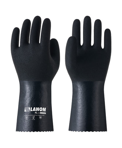 LANON Black Nitrile Chemical Gloves, Reusable Thick Rubber Gloves, Heavy Duty, MicroFoam Textured Palm, Acid and Oil, EN 388/374, L/9