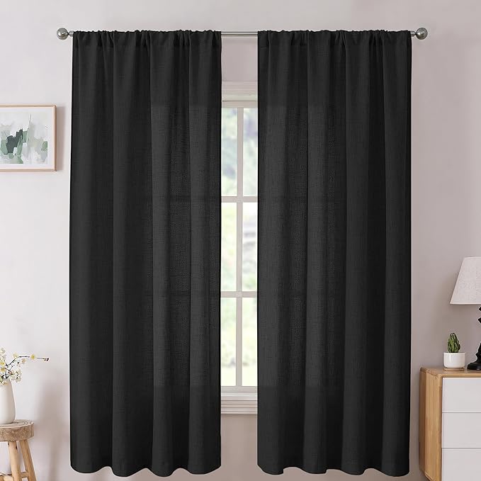 Tollpiz Linen Curtains Living Room Rod Pocket Semi Sheer Curtain Burlap Light Filtering Thick Linen Drapes for Bedroom, 38 x 63 inches Long, Black, Set of 2 Panels