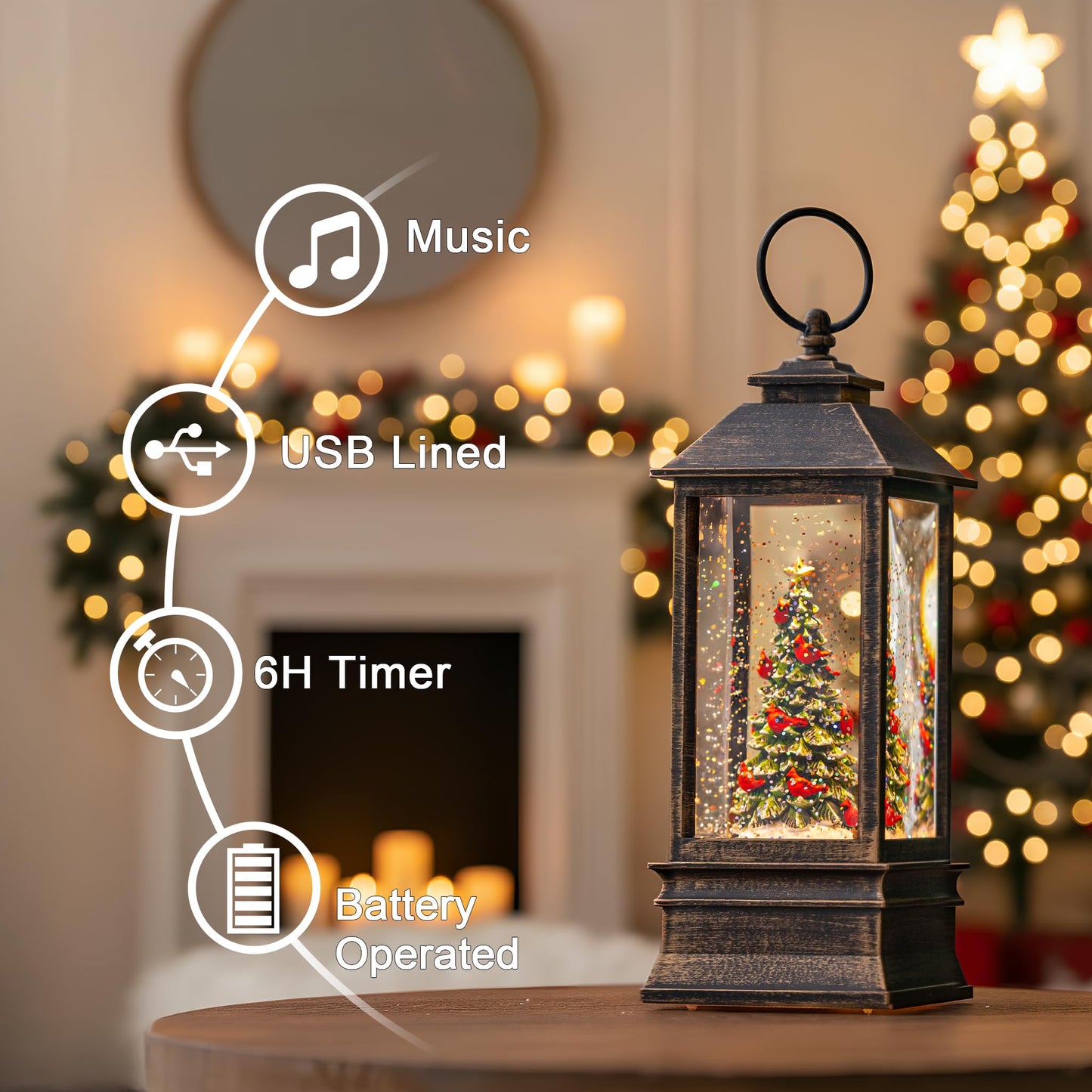 Christmas Snow Globe Lantern Water Glittering Christmas Tree with Music, USB Lined/Battery Operated Lighted Lantern for Christmas Festival Decoration Gifts