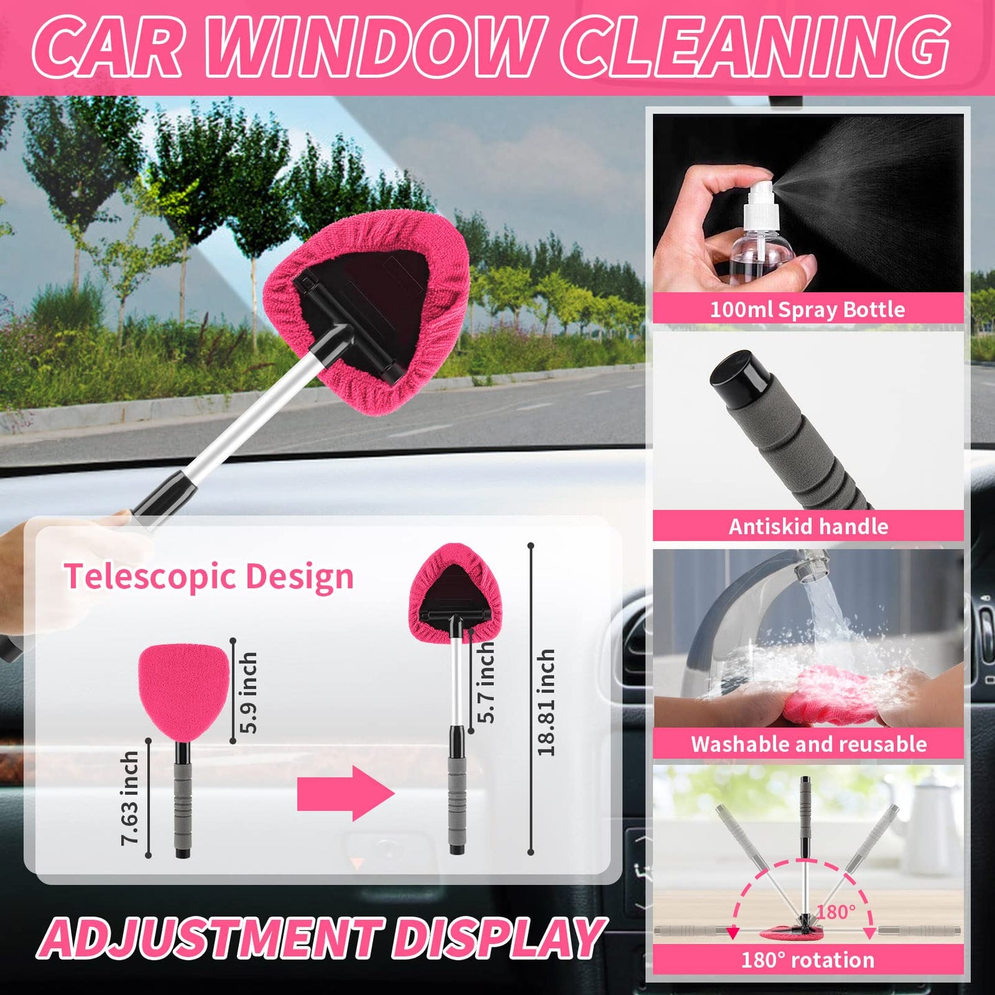 HORDALOR Pink Car Interior Detailing Kit, 16Pcs Car Cleaning Kit with High Power Handheld Vacuum, Detailing Brush Set, Cleaning Gel, Windshield Cleaning Tool, Complete Car Cleaning Supplies for Women