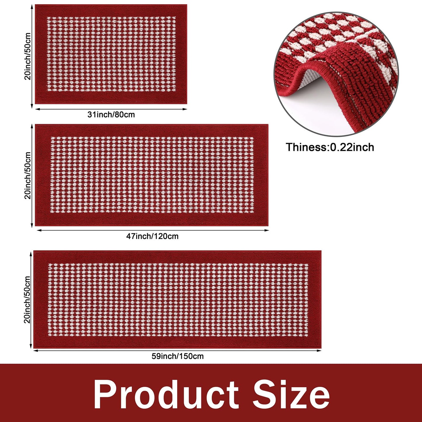 Ileading Christmas Kitchen Mat Sets 3 Piece Red Kitchen Floor Rugs with Non Slip Rubber Backing Machine Washable Runner Rugs for Winter Holiday Decor Laundry Hallway Doormat Valentine's Day