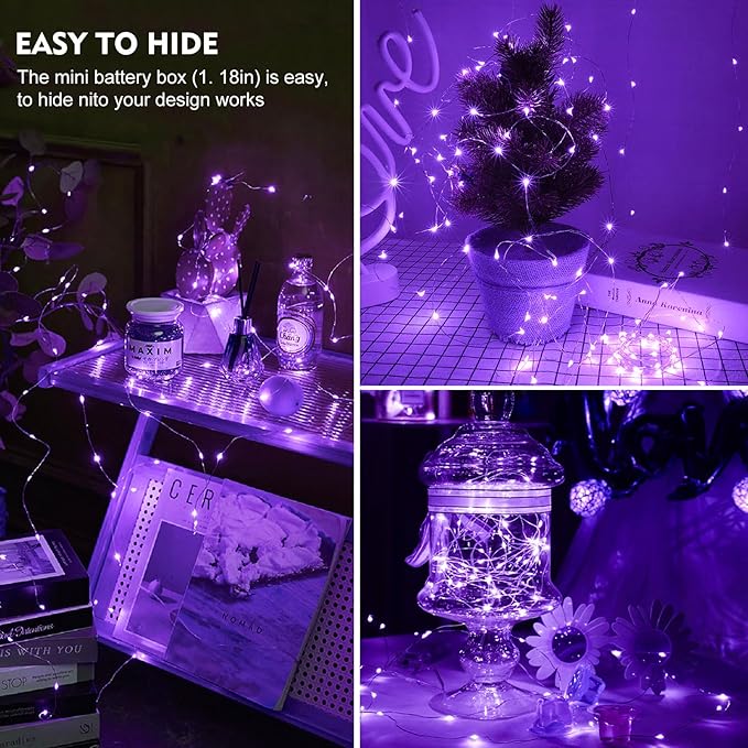 pozzolanas 100 Pack Purple Fairy Lights Battery Operated 3 Modes 7FT 20 LED Waterproof String Lights Twinkle Silver Wire for Mason Jars Wedding Christmas Halloween Party Decor (100, Purple)