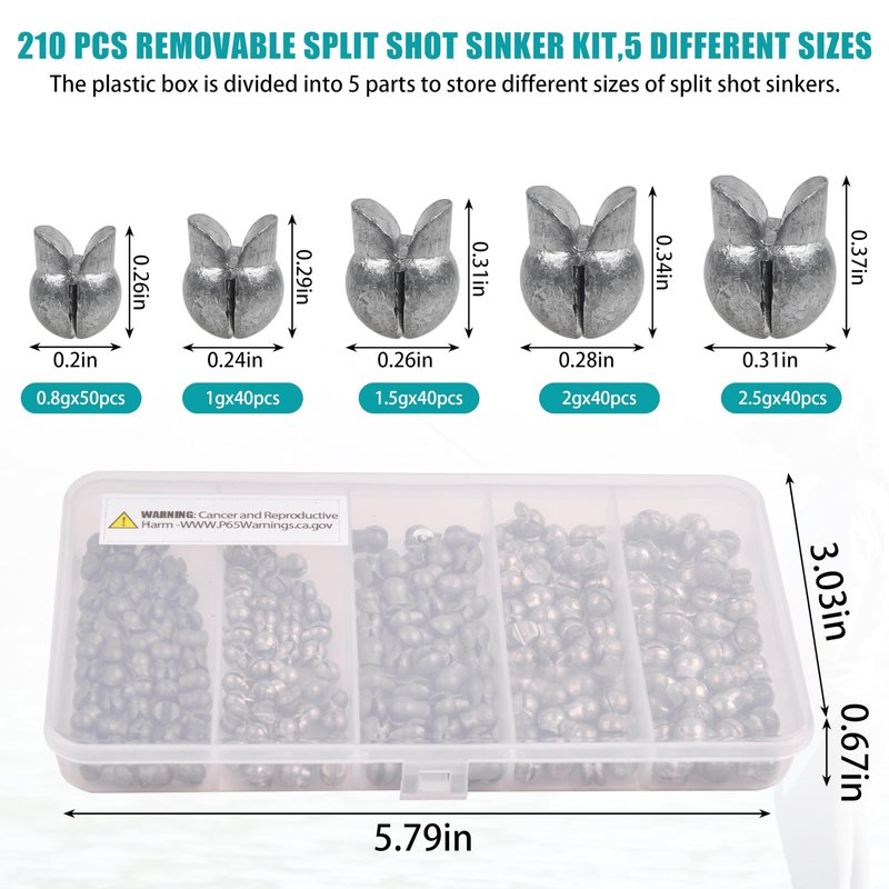 Split Shot Fishing Weights Kit, 180/210pcs Removable Round Fishing Weights Sinkers Clip On Shot Weights Fly Fishing Line Sinkers Fishing Sinkers for Freshwater Saltwater