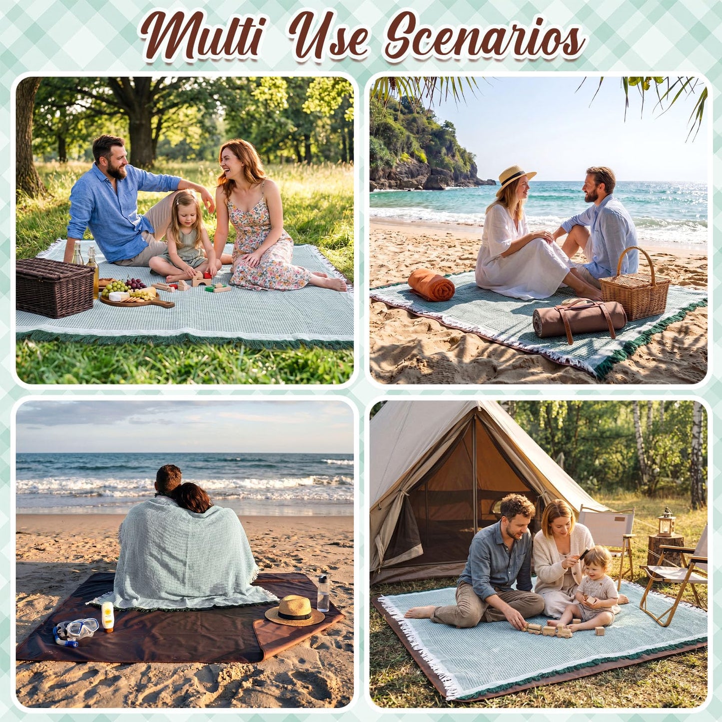 SmoothNovelty 2 in 1 Waterproof Picnic Blankets Outdoor Extra Large Blanket Foldable Double Layer Sandproof Beach Mat with Carry Strap for Camping Yard Lawn Park Beach Grass(Green)