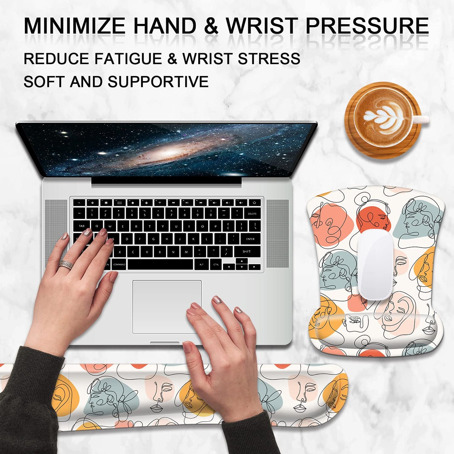 Ergonomic Mouse Pad and Keyboard Wrist Rest, Mouse Pad Wrist Support with Non Slip Rubber Base Mousepad Set + Coaster for Computer, Laptop, Easy Typing & Pain Relief, White Art Face