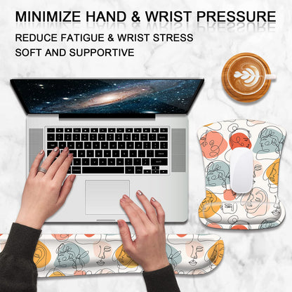 Ergonomic Mouse Pad and Keyboard Wrist Rest, Mouse Pad Wrist Support with Non Slip Rubber Base Mousepad Set + Coaster for Computer, Laptop, Easy Typing & Pain Relief, White Art Face