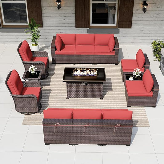 ALAULM 13 Pieces Patio Furniture Set with 2 Swivel Chairs Patio Furniture Outdoor Sectional Sofas with 55000 Gas Fire Pit Patio Conversation Set w/10 Cushions-Red