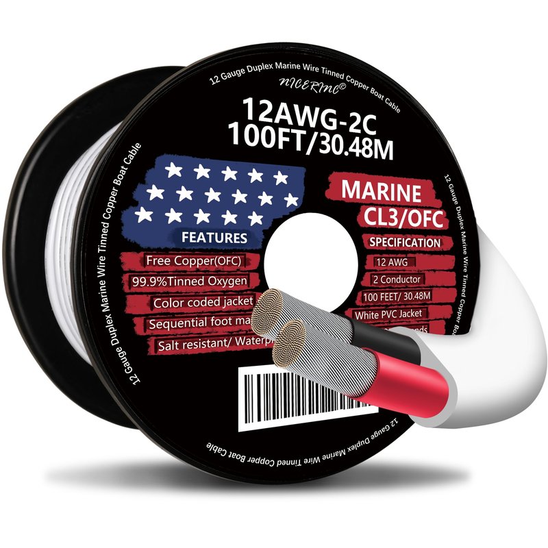 12 Gauge Duplex Marine Wire Tinned Copper Boat Cable, 100ft 12 AWG Standard USA OFC Oxygen Free Copper Wire for Outdoors/Automotive/Boat/Speakers/Solar/RV/Camper/Trailer