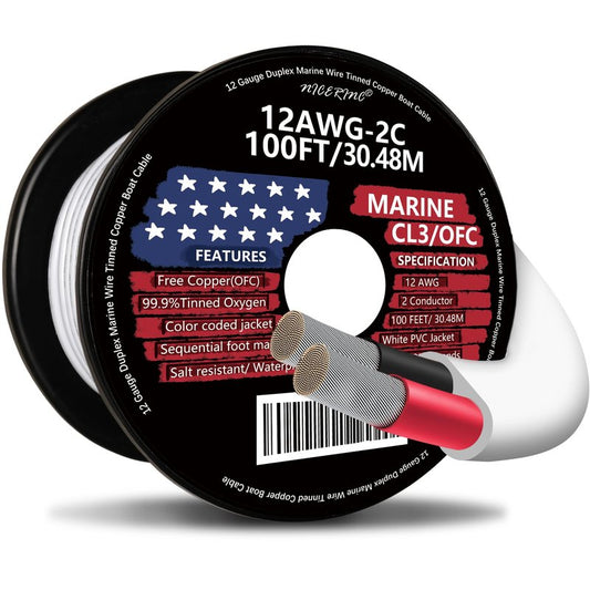 12 Gauge Duplex Marine Wire Tinned Copper Boat Cable, 100ft 12 AWG Standard USA OFC Oxygen Free Copper Wire for Outdoors/Automotive/Boat/Speakers/Solar/RV/Camper/Trailer