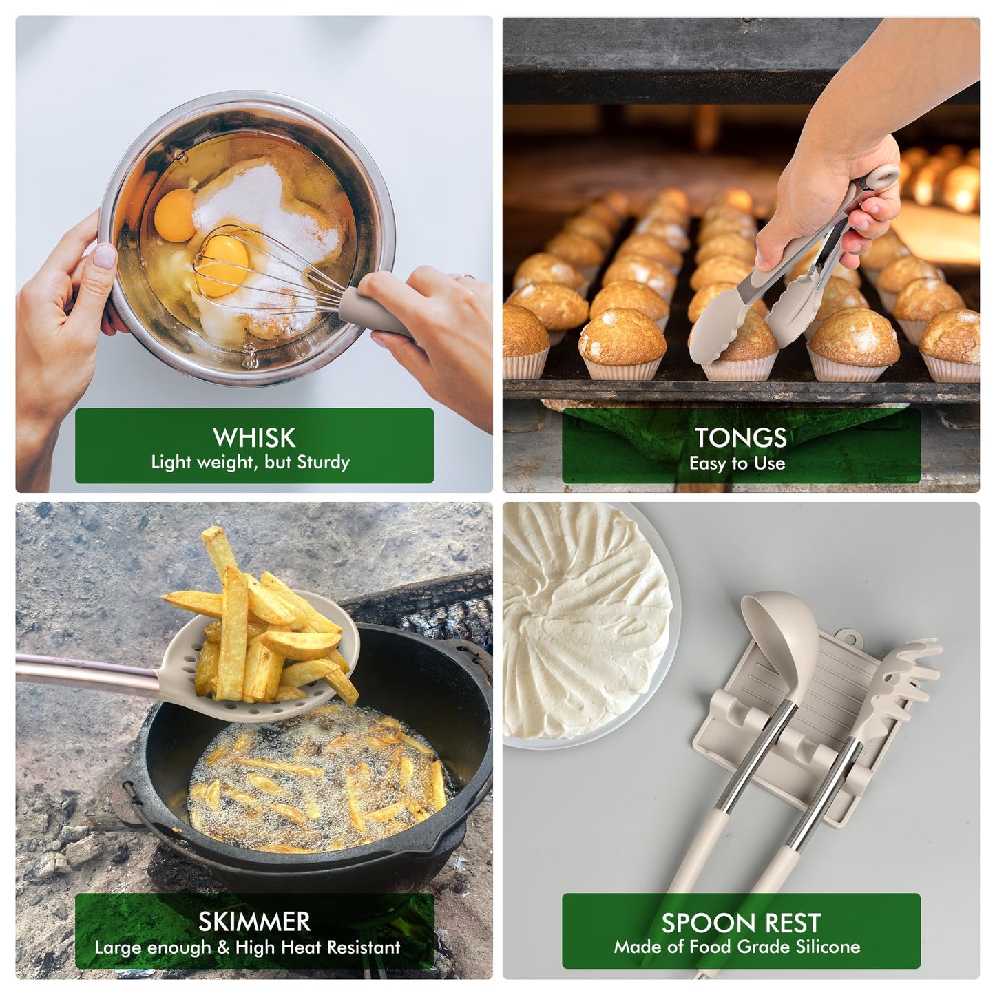 HOTEC 446°F Heat Resistant Silicone Kitchen Utensils, Cooking Utensil Set, Spatula Set, BPA Free, Kitchen Gadgets, With Stainless Steel Utensils Holder, Dishwasher Safe 14pcs Khaki