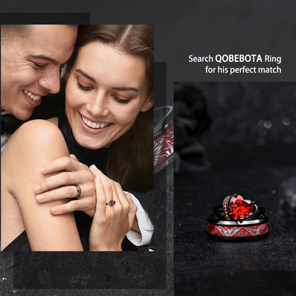QOBEBOTA Promise Rings for Her Black Engagement Rings AAA+ Red Ruby Heart Zircon Gothic Rings Halloween Jewelry Women's Chunky Size 9 Birthstone Rings Love Gifts Statement Rings for Women