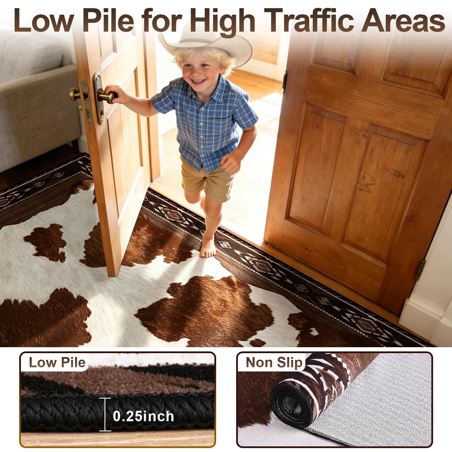 Yinhua Cowhide Rugs for Living Room 4x6 Cow Print Rug for Bedroom Washable, Soft Faux Animal Print Rug Low Pile Non Slip, Western Rustic Rugs for Dining Room Nursery Home Office, Brown and White