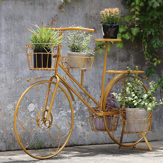 yerealye Metal Bicycle Plant Stand, Outdoor/indoor Decorative Flower Rack Bike Shape Planter Flower Holder with 4 Baskets for Patio, Garden, Balcony, Yard, Home Decor Ornament(108x70cm(42x27), Gold)