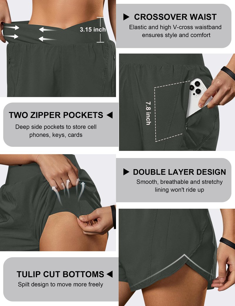 Blooming Jelly Women's Workout Shorts Athletic Running Casual Summer Quick Dry Gym Active Shorts with Zipper Pocket (Dark Green,Large)
