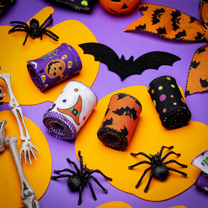 4 Rolls 20 Yards Halloween Wired Edge Ribbon Spider Web Printed Grosgrain Ribbons Halloween Theme Holiday DIY Craft Wrapping Ribbon for Home Party Decor