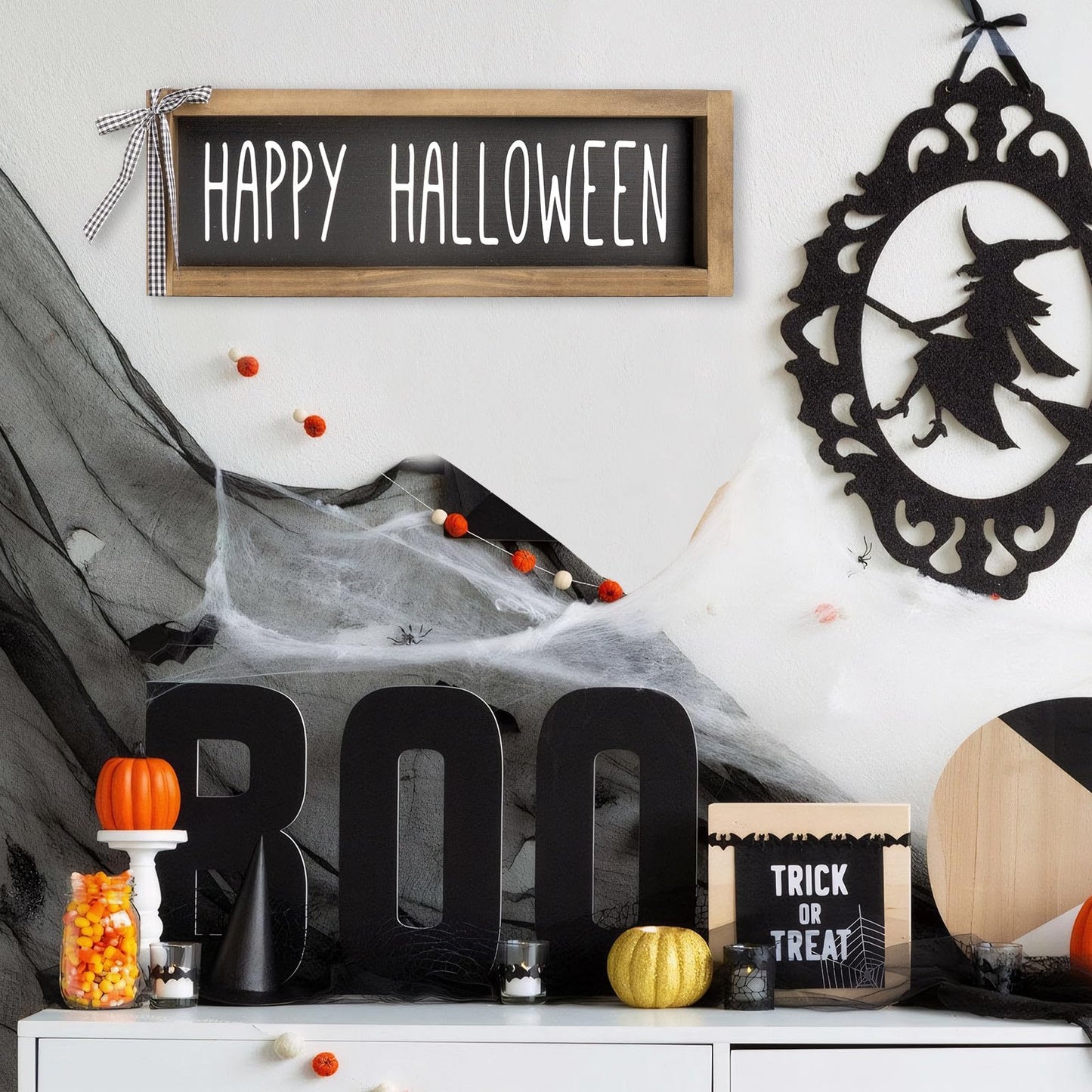 flangairy Happy Halloween Sign, Wooden Halloween Table Centerpiece Decorations for Home, Indoor Home Decorative Signage Wall Shelf Desk Fireplace Mantle Rustic House Decor