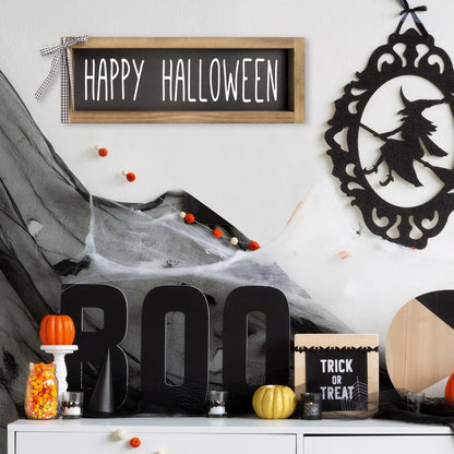 flangairy Happy Halloween Sign, Wooden Halloween Table Centerpiece Decorations for Home, Indoor Home Decorative Signage Wall Shelf Desk Fireplace Mantle Rustic House Decor